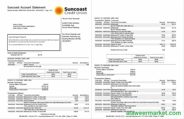 USA Suncoast Bank account statement Word and PDF template, 2 pages